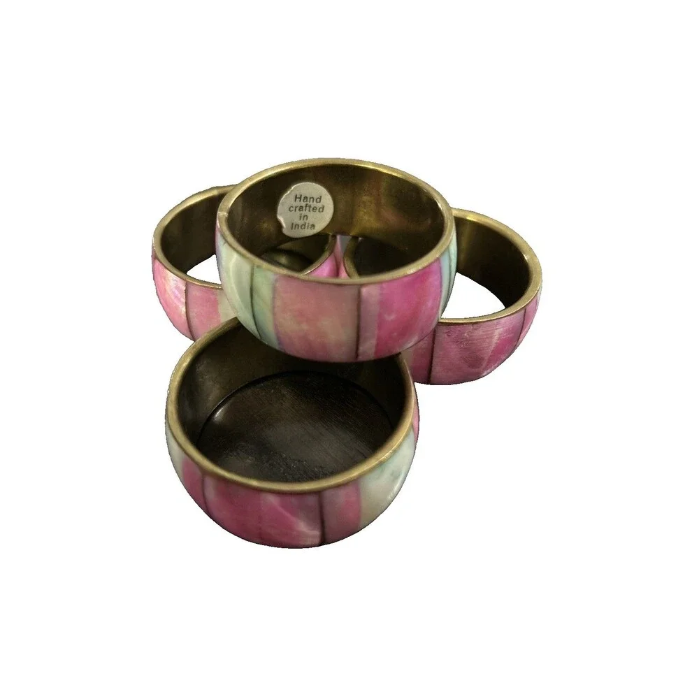 Set of 4 Vintage Mother of Pearl Shell Inlay Brass Napkin Ring Holders